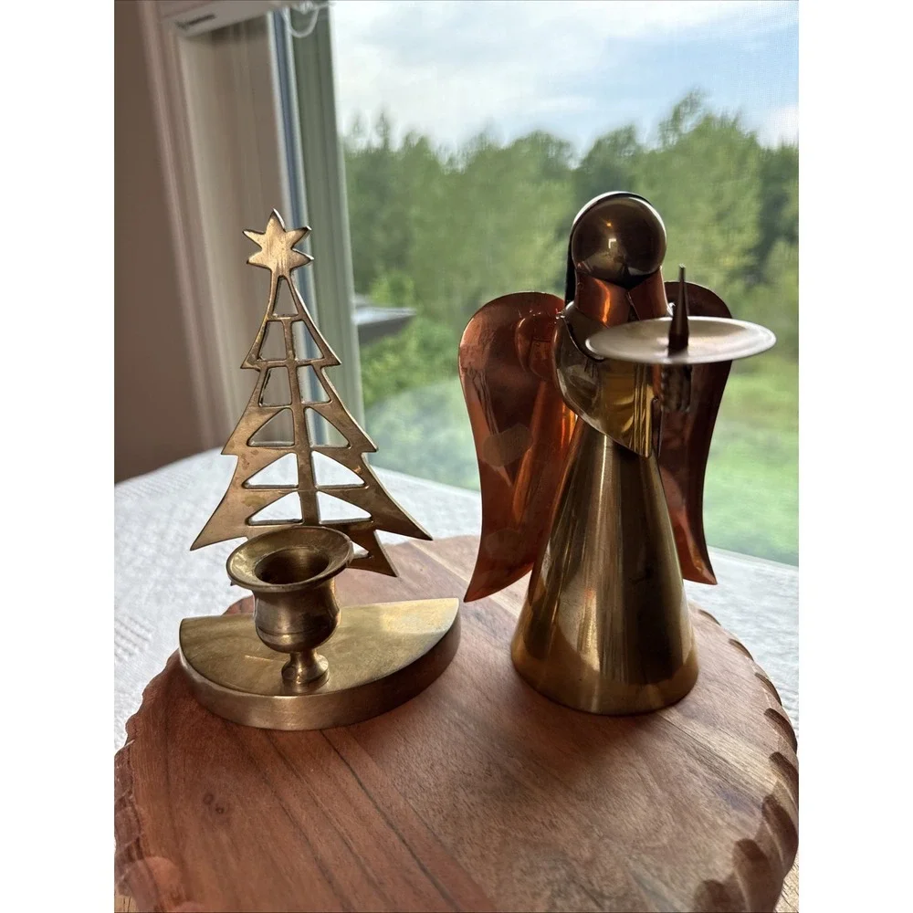 VTG Brass Christmas Tree and Brass & Copper Angel Candle Holders 6.5